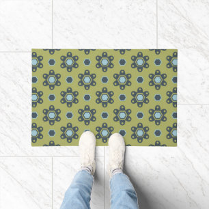 Retro Blue & Black Daisis auf grünem Blumenmuster Fußmatte