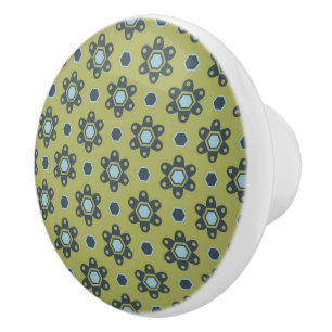 Retro Blue & Black Daisis auf grünem Blumenmuster Keramikknauf