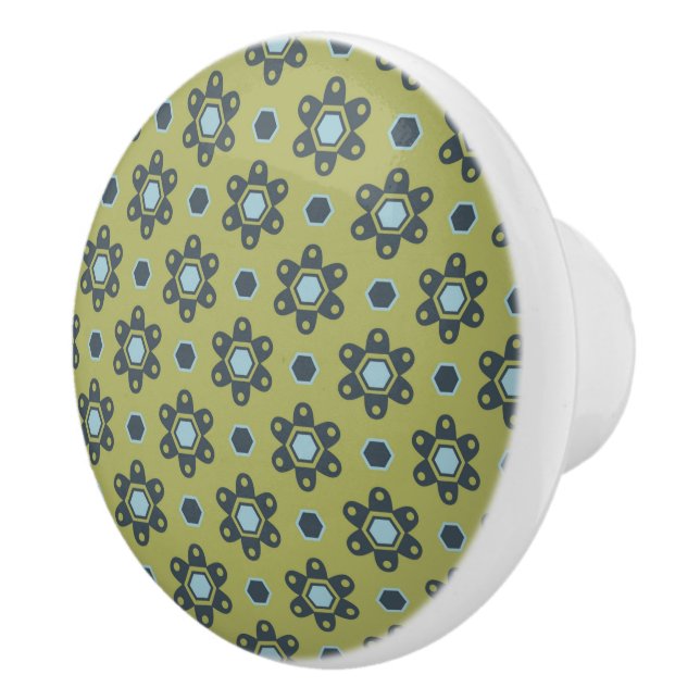 Retro Blue & Black Daisis auf grünem Blumenmuster Keramikknauf (Rechts)