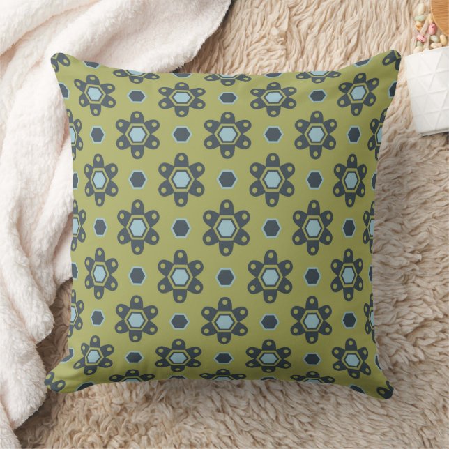 Retro Blue & Black Daisis auf grünem Blumenmuster Kissen (Decke)