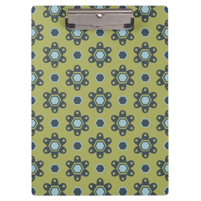Retro Blue & Black Daisis auf grünem Blumenmuster Klemmbrett (Vorderseite)