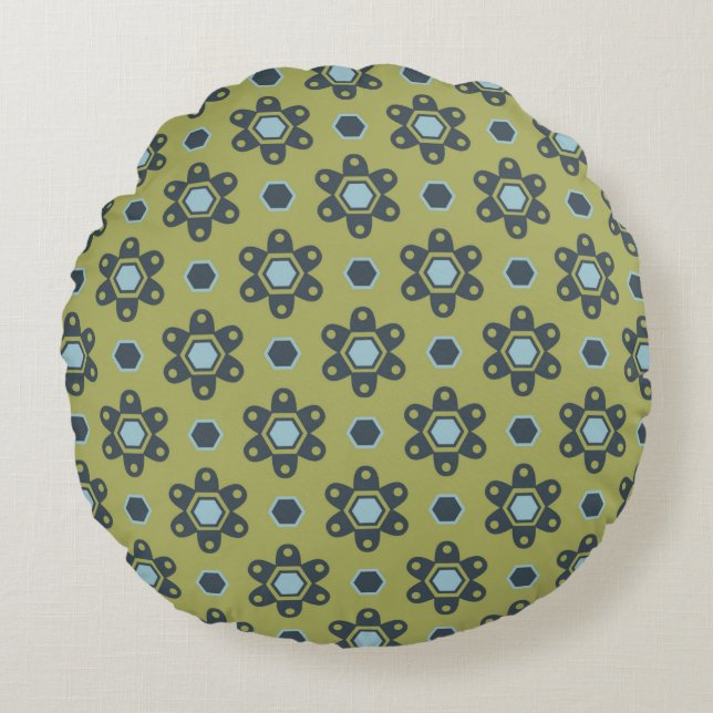 Retro Blue & Black Daisis auf grünem Blumenmuster Rundes Kissen (Vorderseite)