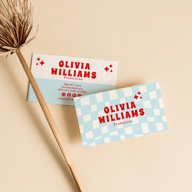 Retro Blue Bold Groovy Checkered Trendy Funky Fun Visitenkarte (Von Creator hochgeladen)