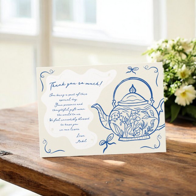 Retro Blue Bows Teekanne Baby Braut Baby Dusche Dankeskarte (Retro blue bows teapot baby is brewing Baby shower Thank You Card)