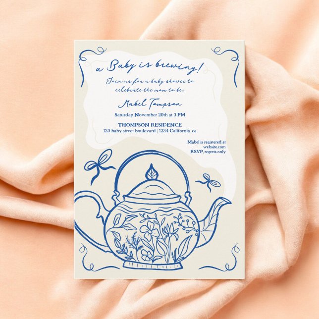 Retro Blue Bows Teekanne Baby Braut Baby Dusche Einladung (Retro blue bows teapot baby is brewing Baby shower Invitation)