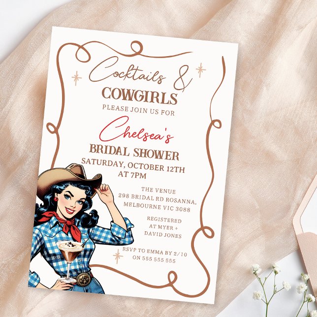 Retro Blue Brown Cocktails Cowgirls Brautparty Einladung (Cowgirl Bridal Shower Invitation Template, Cocktail and Cowgirls Bridal Shower Invitation Retro)