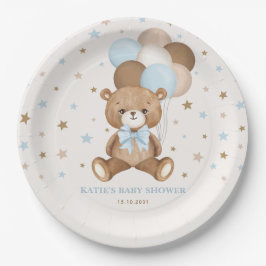 Retro Blue Brown Teddy Bären Balloons Boy Party Pappteller