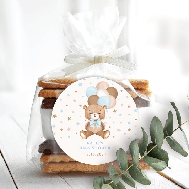 Retro Blue Brown Teddy Bären Balloons Boy Party Runder Aufkleber (Von Creator hochgeladen)