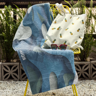 Retro Blue Camouflage Waves Modernes Monogramm Strandtuch