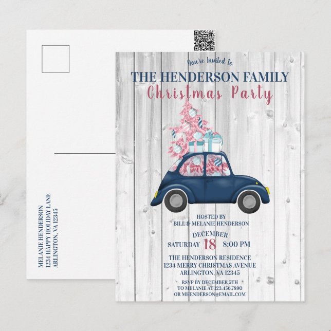 Retro Blue Car Pink Weihnachten Weihnachten Party Postkarte (Vorne/Hinten)