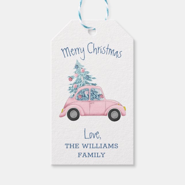 Retro Blue Christmas Tree Pink Car Frohe Weihnacht Geschenkanhänger (Vorderseite)