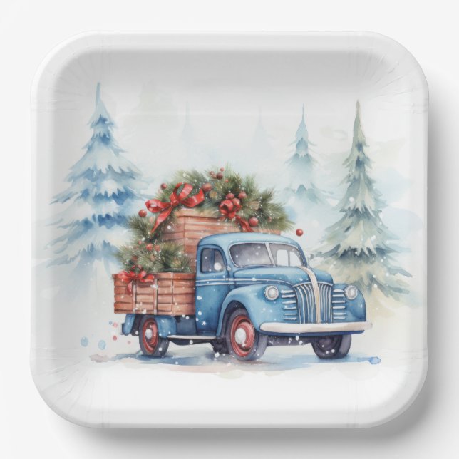 Retro Blue Christmas Truck Pappteller (Vorderseite)
