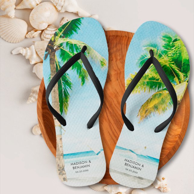Retro Blue Coastal Beach Palmen tropischen Ozean Flip Flops (Von Creator hochgeladen)