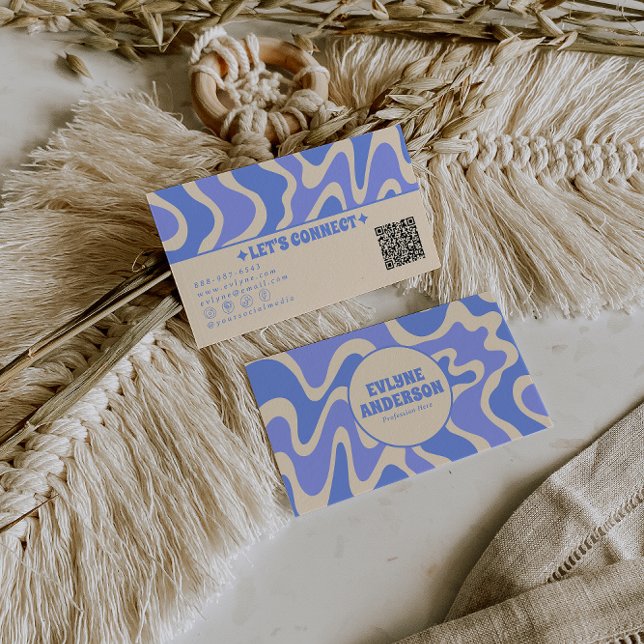 Retro Blue Cream 70s Boho Groovy Trendy QR Code Visitenkarte (Von Creator hochgeladen)