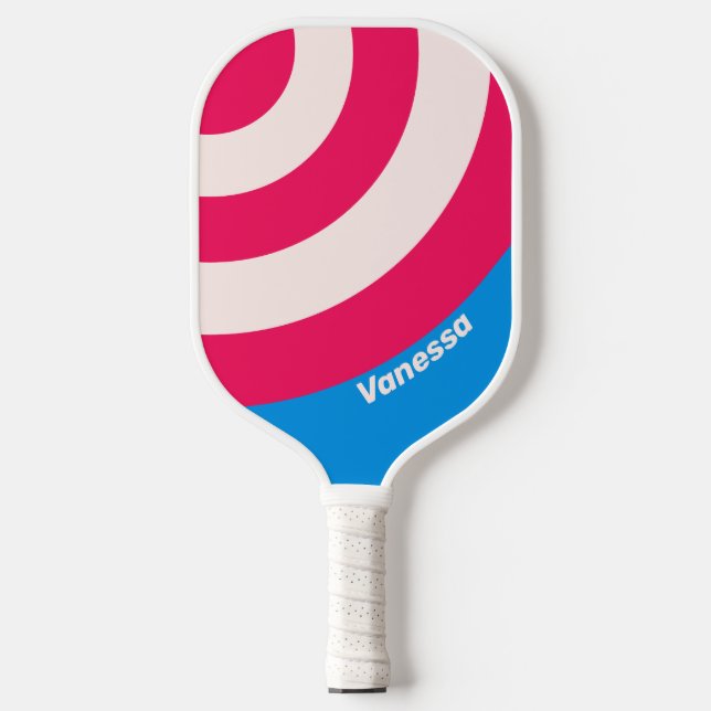 Retro Blue Crush Circle Streifen mit Namen Pickleball Schläger (Vorderseite)