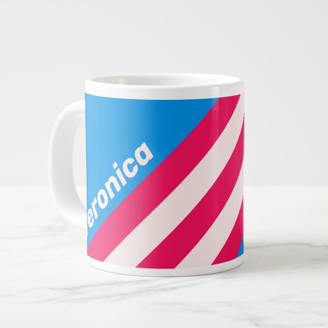 Retro Blue Crush Stripes with Name Jumbo-Tasse (Vorderseite Links)