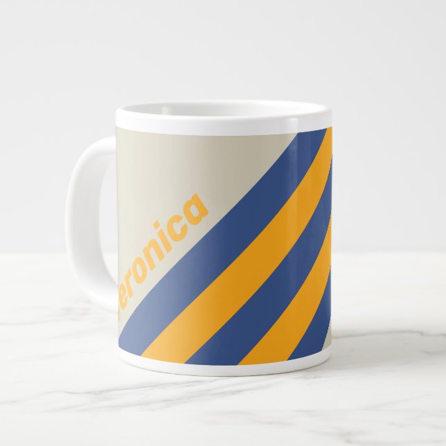 Retro Blue Crush Sunset Stripes with Name Jumbo-Tasse (Vorderseite Links)