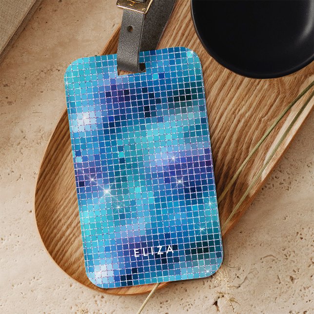 Retro Blue Disco Mirror | Monogramm Gepäckanhänger (A glam, blue and turquoise disco ball inspired luggage tag)