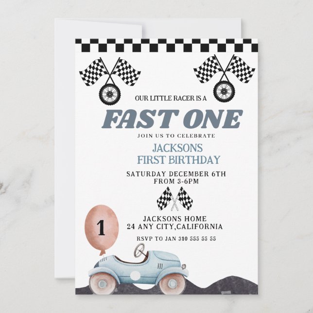 Retro Blue Fast one Boy 1st Birthday Car Boys Einladung (Vorderseite)