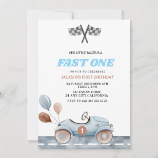 Retro Blue Fast one Boy 1st Birthday Car Boys Einladung