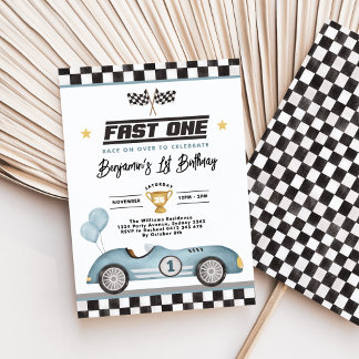 Retro Blue Fast One Race Car Boy 1. Geburtstag Einladung