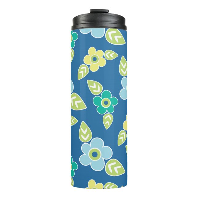 Retro Blue Flowers Thermosbecher (Vorderseite)