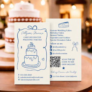 Retro blue French Scribbles cake dekoration qr cod Visitenkarte