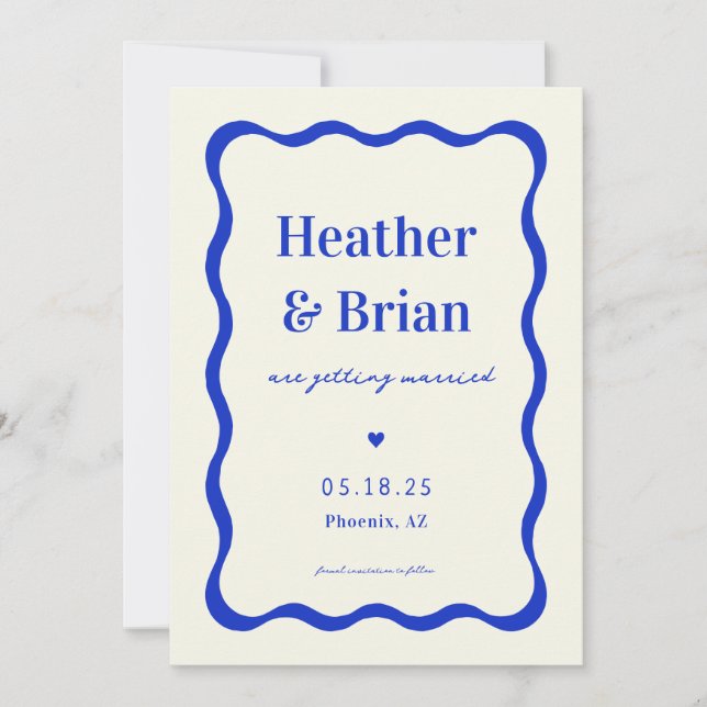 Retro Blue French Squiggle Einzigartige Hochzeit Save The Date (Vorderseite)