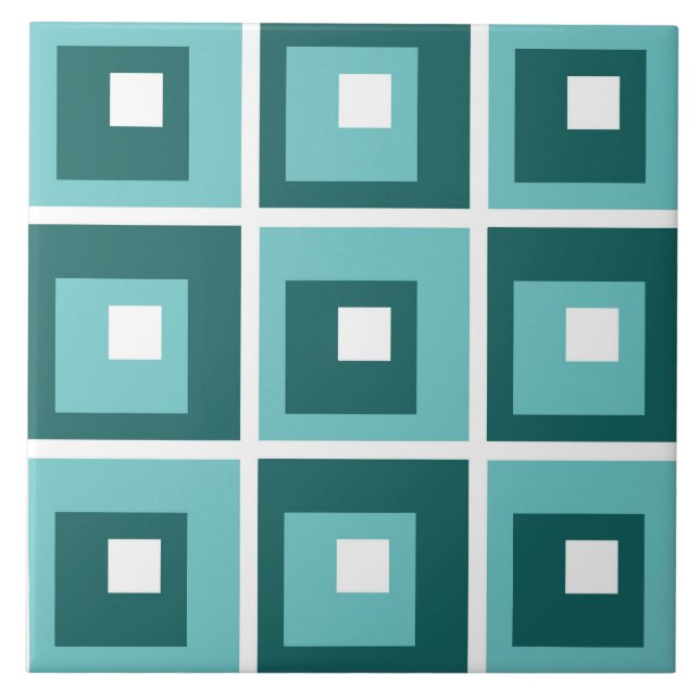 Retro Blue Geometric Squares Pattern Fliese (Vorderseite)