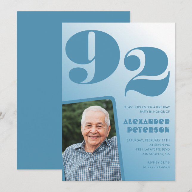 Retro Blue Gradient Foto 92. Geburtstag Einladung (Vorne/Hinten)