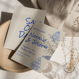 Retro Blue Hand Drawn Champagne Tower Cake Wedding Save The Date