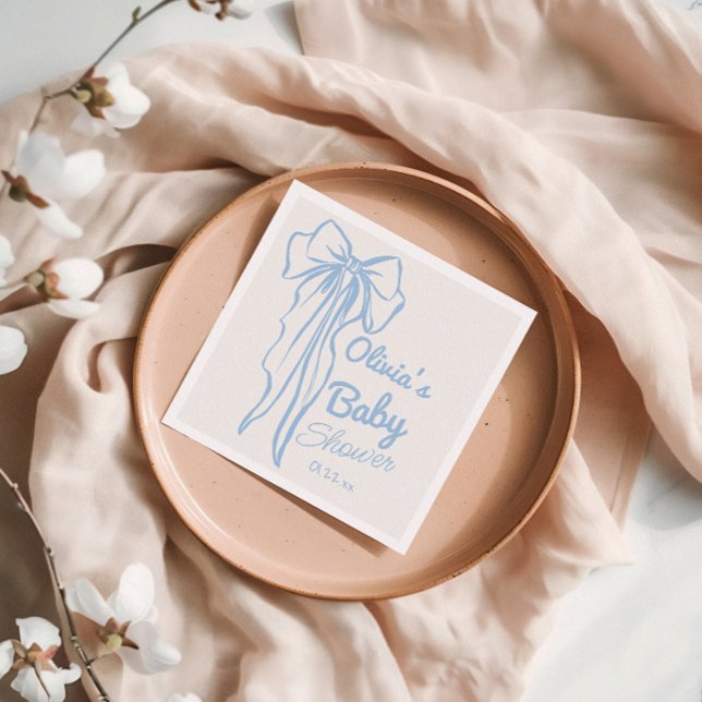 Retro Blue Hand Gezeichnet Bow Baby Boy Shower Serviette (Von Creator hochgeladen)