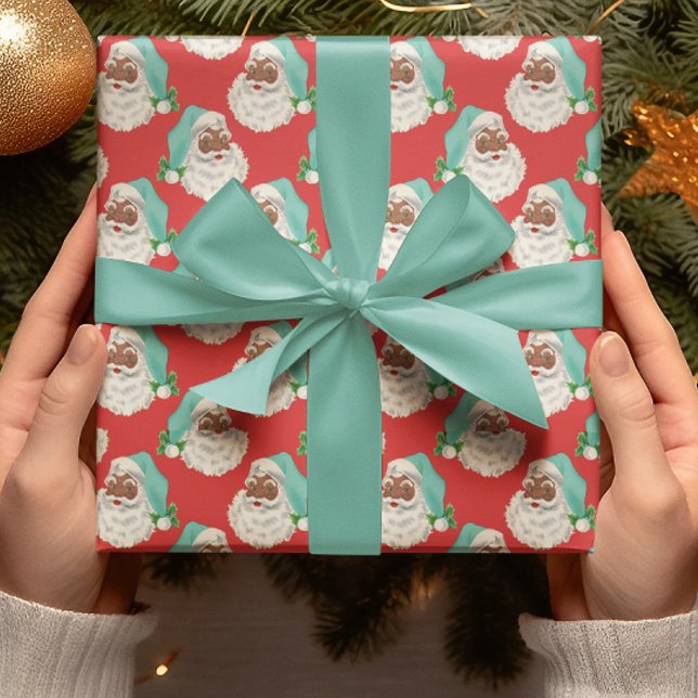 Retro Blue Hat Black Santa Red Xmas Wrapping Paper Geschenkpapier (Von Creator hochgeladen)