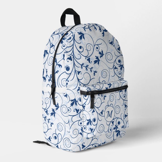 Retro Blue Leaf Swirl Muster Monogramm Bedruckter Rucksack (Rückseitige Ecke links)