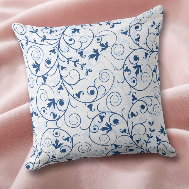 Retro Blue Leaf Swirl Pattern Throw Kissen (Von Creator hochgeladen)