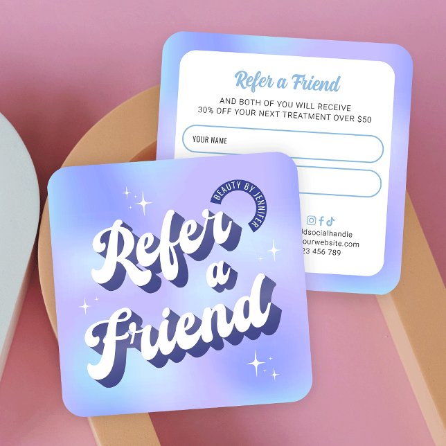 Retro Blue Lila Logo Reader a Friend Beauty Salon Empfehlungskarte (Trendy retro style refer a friend card with groovy style fonts in blue and purple)