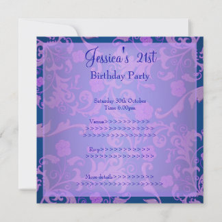 Retro Blue Lila Metallic Floral 21. Geburtstag 1 Einladung