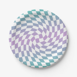 Retro Blue Lilac Karos Warped Checkerboard Pappteller