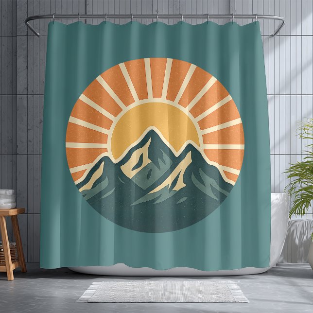 Retro Blue Mountain Sunrise | Outdoor Nature Teal Duschvorhang (Von Creator hochgeladen)
