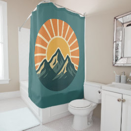 Retro Blue Mountain Sunrise | Outdoor Nature Teal Duschvorhang