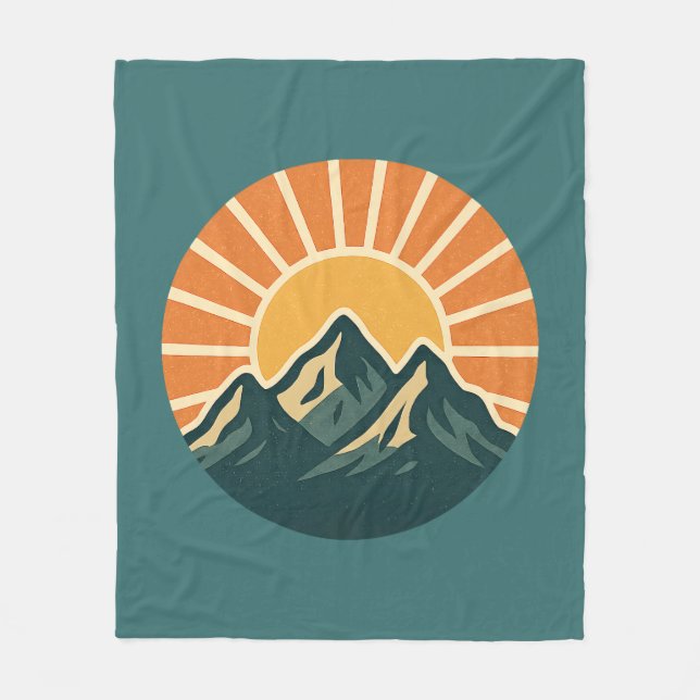 Retro Blue Mountain Sunrise | Outdoor Nature Teal Fleecedecke (Vorderseite)