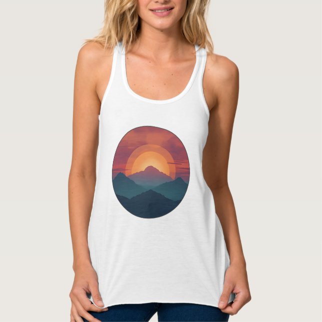 Retro Blue Mountain Sunset | Nature Watercolor Art Tank Top (Vorderseite)