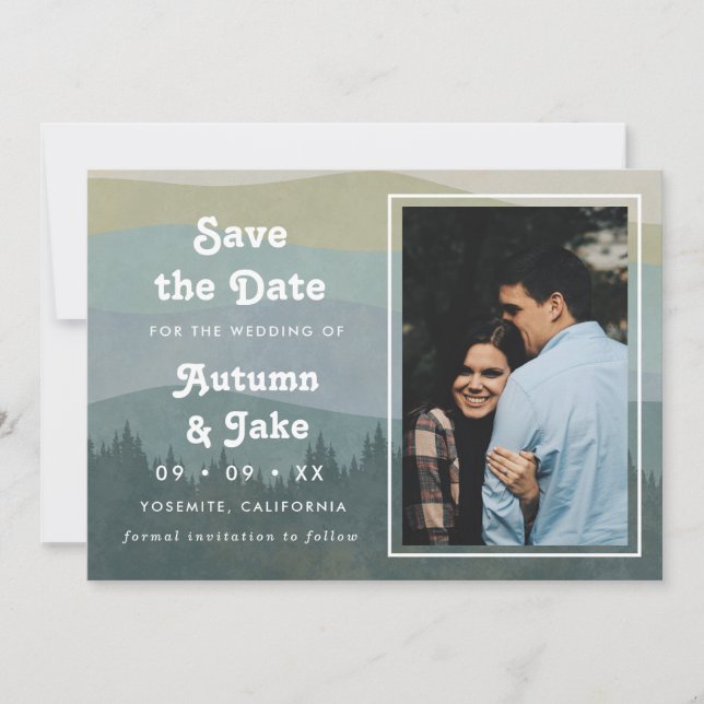Retro Blue Mountains & Forest Photo Wedding Save The Date (Vorderseite)