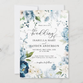 Retro Blue Navy Cream All in 1 QR Code Hochzeit Einladung