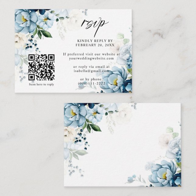 Retro Blue Navy Cream Floral QR Code Hochzeit RSVP Begleitkarte (Vorne/Hinten)
