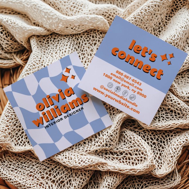 Retro Blue Orange Bold Groovy Checkered Trendy Fun Quadratische Visitenkarte (Von Creator hochgeladen)