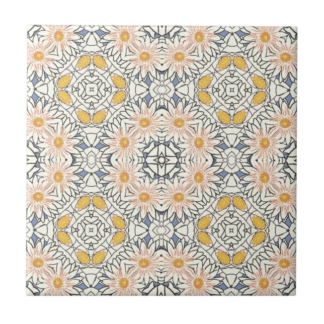 Retro Blue Orange Yellow Daisy Graphic Pattern Fliese (Vorderseite)