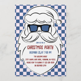Retro Blue & Pink Checkered Santa Claus Christmas Einladung