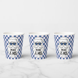 Retro Blue Pink Checkered Santa Claus Christmas  Pappbecher