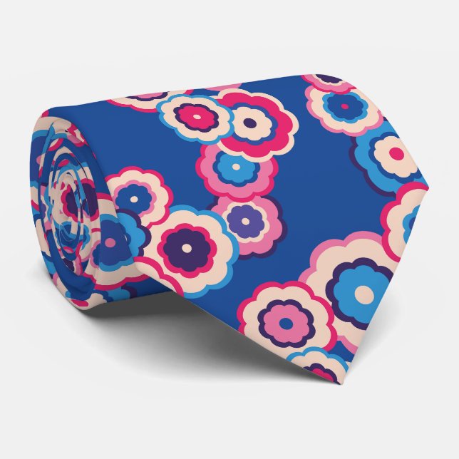 Retro Blue Pink Floral 60er Muster Krawatte (Gerollt)